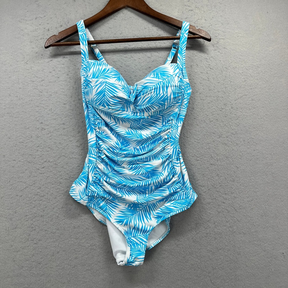 As Rose Rich One Piece Swimsuit Women Medium Blue Palm Ruched Tropical Beach